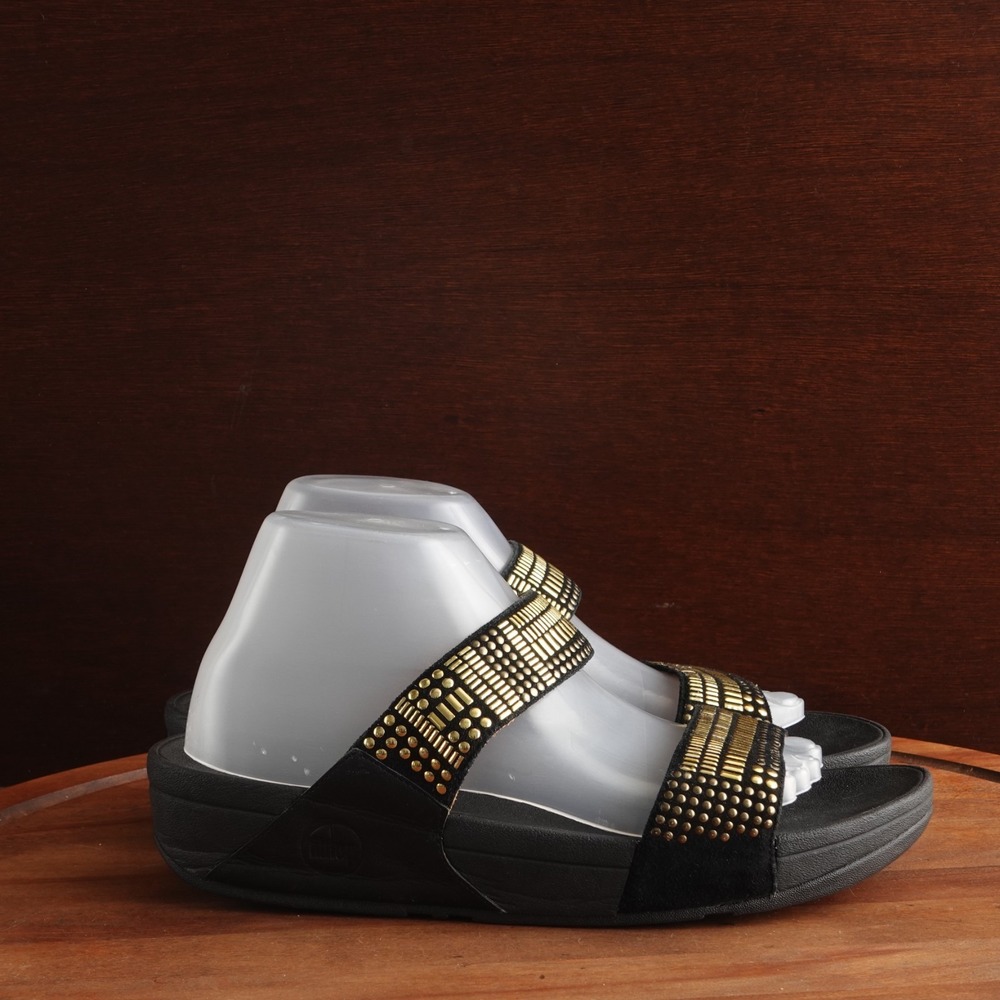 FitFlop Sandals Womens SZ 10 Black Gold Aztek Chada Slide Coastal Comfort Shoes